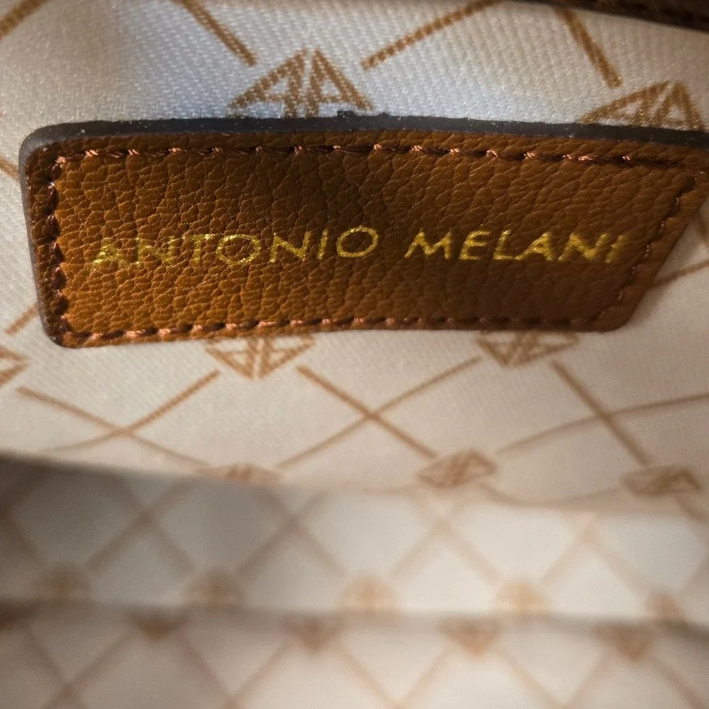 Antonio Melani Brown Leather Beige Herringbone Satchel Handbag RN 58909